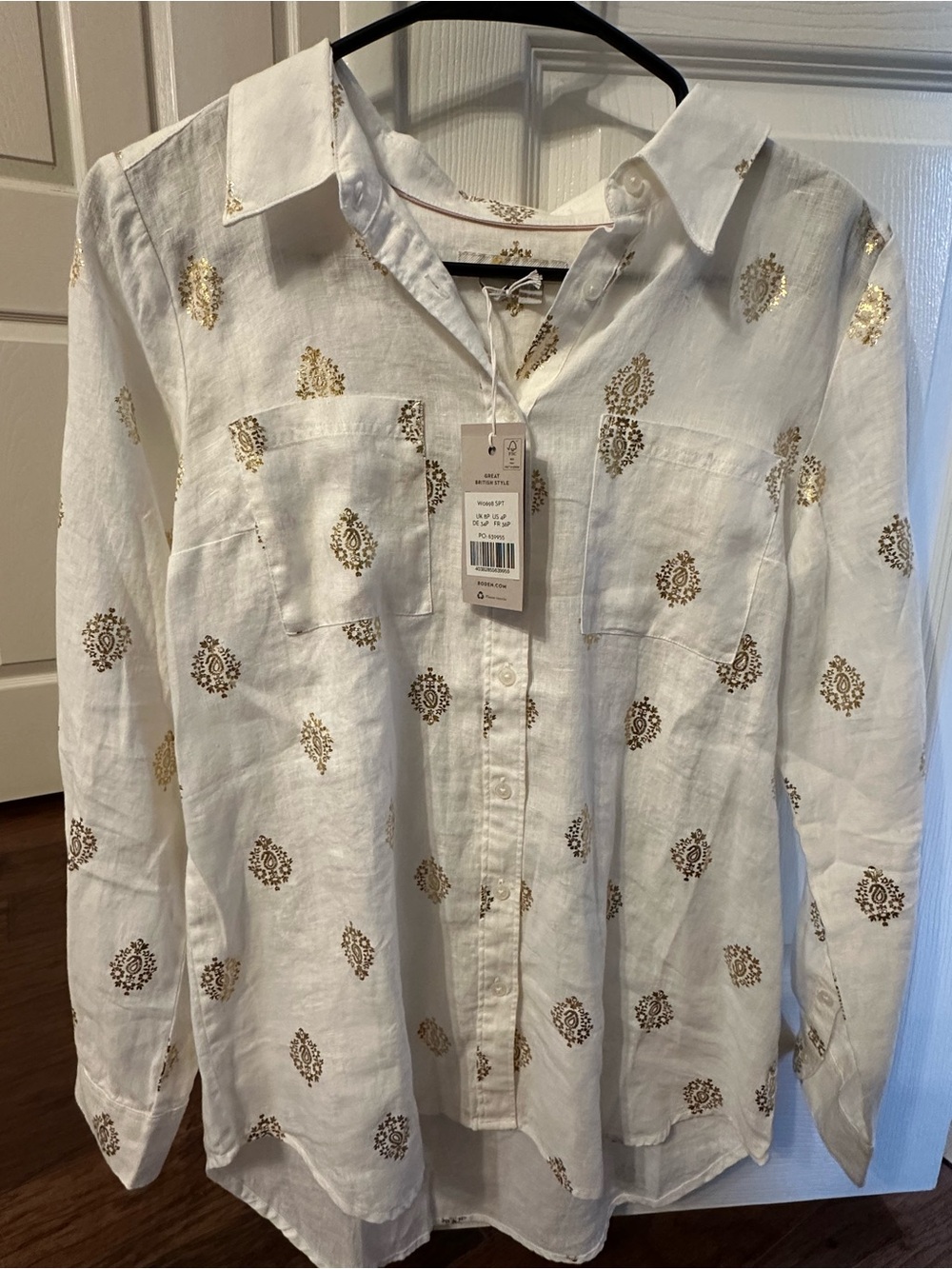 Boden White Button-Down Shirt with Gold Motif Print